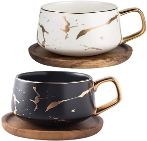 Best Coffee Cup Set - Coffeezone Matte Ceramic Marble Coffee Cups with Wood Saucers Set
